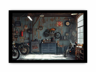 Vintage-style garage with motorcycles and tools on a white background