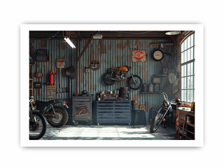 Motorcycle garage with motorcycles, tools, and decor on a striped wall.
