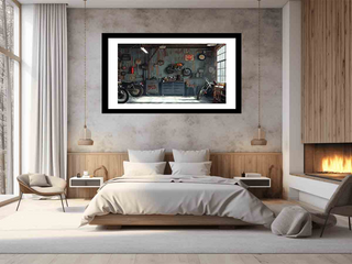 Framed artwork of a workshop on a wall above a bed in a modern bedroom.