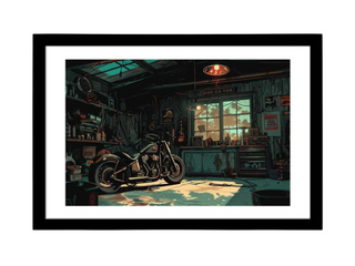 Motorcycle in a garage with tools and equipment, framed artwork