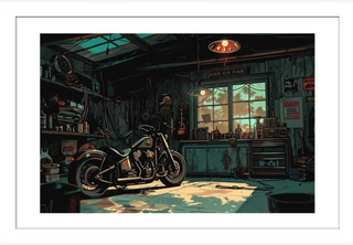 Motorcycle in a dimly lit garage with tools and equipment.