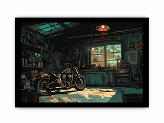 Motorcycle in a dimly lit garage with tools and equipment.