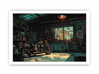 Motorcycle in a dimly lit garage with tools and equipment.