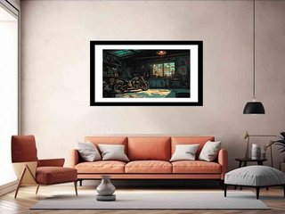 Framed artwork of a motorcycle on a wall in a living room with a sofa and chairs.