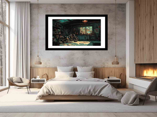 Framed artwork of a motorcycle in a room on a wall above a bed in a modern bedroom.