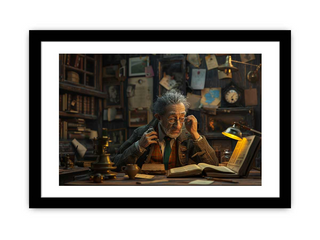 Framed artwork of an elderly man in a study room with books and a clock.