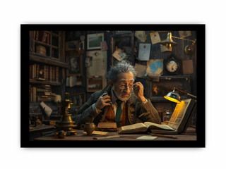 Old man sitting at a desk in a dimly lit room filled with books and objects.