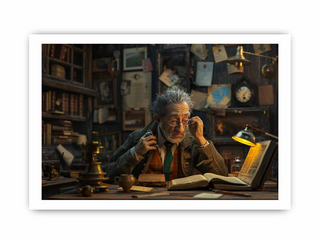 Old man sitting at a desk in a library filled with books and decorations.