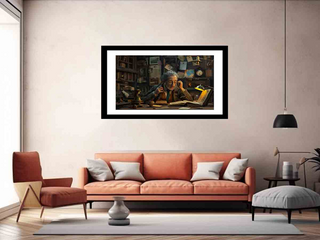 Framed artwork of a man in a room with books on a wall above an orange sofa.