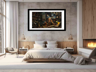 Framed artwork above a bed in a modern bedroom with a fireplace.