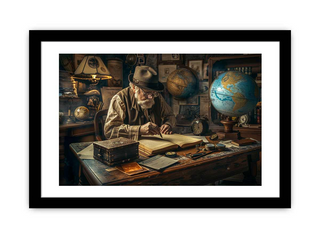 Man sitting at a desk with books and a globe in a room filled with vintage items.