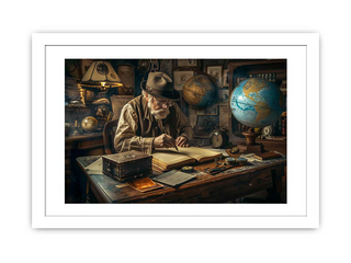 Man sitting at a desk with books and a globe in a room filled with various objects.
