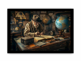 Man in a room filled with books and globes, sitting at a desk.