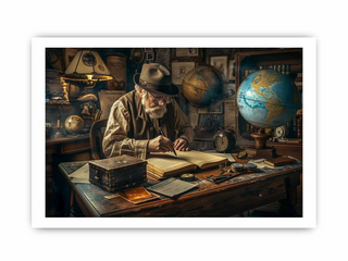 Man in a room filled with books, globes, and maps, sitting at a desk.