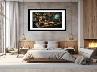 Framed artwork above a bed in a modern bedroom with a fireplace.