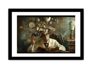 Framed artwork of a scientist with a clock on his head, surrounded by books and scientific apparatus.