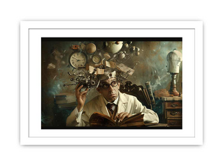Framed artwork of a scientist with a clock on his head, surrounded by books and scientific equipment.