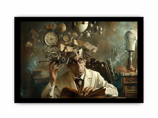 Framed artwork of a scientist with a cluttered desk and floating objects.