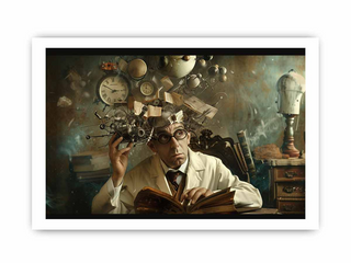 Man in a lab coat with a vintage scientific setting, including books and gadgets.