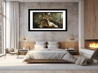 Modern bedroom with a large framed painting on the wall above a bed.