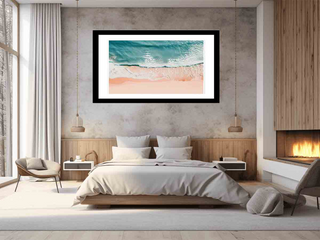 Modern bedroom with a framed abstract artwork on the wall