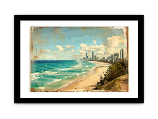 Framed artwork of a beach scene with buildings in the distance.