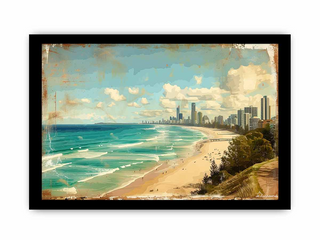 Framed artwork of a beach scene with ocean and city skyline.