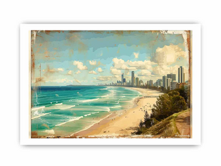 Framed artwork of a beach scene with ocean, sand, and city skyline.