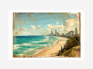 Framed artwork of a beach scene with ocean, sand, and city skyline.