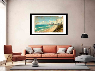 Framed beach scene painting above a sofa in a living room