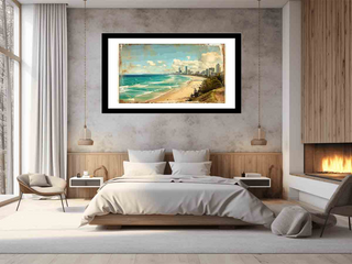 Framed artwork of a beach scene above a bed in a modern bedroom.