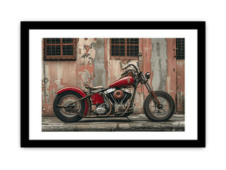 Red motorcycle in front of a textured wall with peeling paint