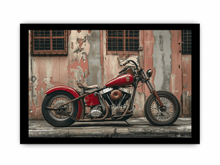 Red motorcycle parked against a textured wall with peeling paint