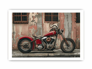 Red motorcycle parked against a textured wall with peeling paint