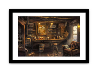 Framed artwork of a rustic bar interior with wooden furniture and decor.