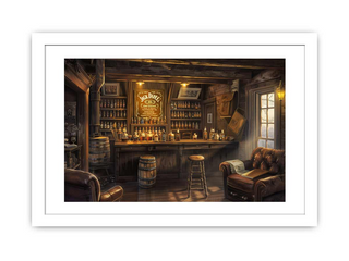 Framed print of a rustic bar interior with wooden furniture and shelves.