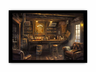 Vintage bar interior with wooden furniture and Jack Daniel's branding.