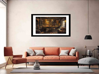 Framed artwork of a bar scene above an orange sofa in a living room.