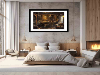 Modern bedroom with a large framed picture on the wall, bed, and fireplace.