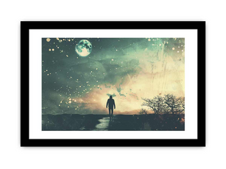 Framed artwork of a silhouette walking towards a mystical landscape with a large moon.