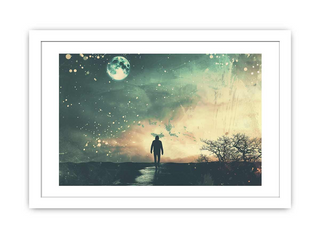 Framed artwork of a silhouette walking towards a mystical landscape with a large moon and ethereal light.