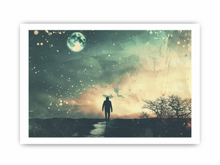 Framed artwork of a silhouette walking on a path with a mystical sky and moon.