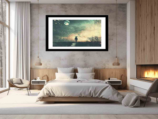 Modern bedroom with a large framed artwork on the wall