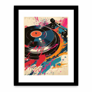 Framed artwork of a vinyl record player with colorful splashes on a white background