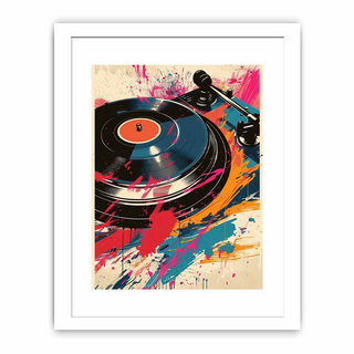 Framed artwork of a vinyl record player with colorful splashes on a white background