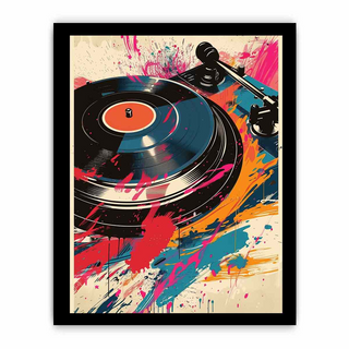 Framed artwork of a vinyl record on a turntable with colorful abstract design