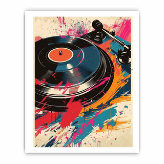 Colorful abstract art print of a turntable with vinyl record