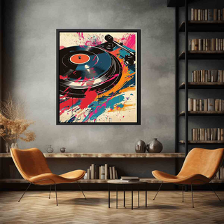 Colorful abstract art print of a turntable on a wall in a modern living room.