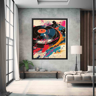 Colourful abstract art print of a turntable on a wall in a modern living room.