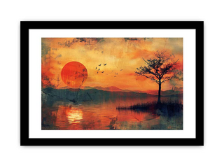 Framed artwork of a sunset over water with a tree and birds.